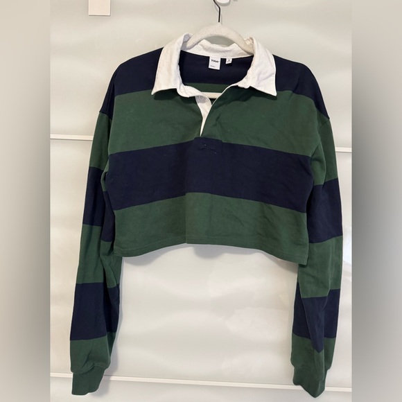 Aritzia cropped rugby polo shirt GREEN AND NAVY size M oversized - Picture 3 of 7